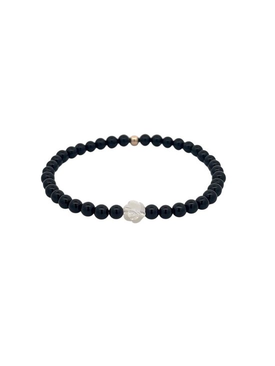 Rafant Jewelry - Natural Black Onyx Bracelet 4mm with White Mother of Pearl Flower & 14k Solid Go